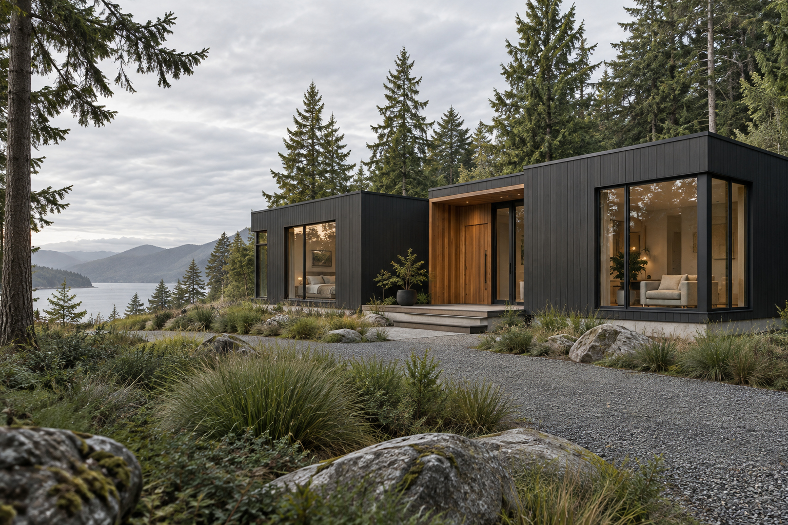 Architectural concept of a single-storey modular home with charcoal siding, a cedar entrance and large windows