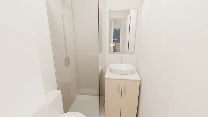 Rendered 640 bathroom with a glass shower, vanity and mirror