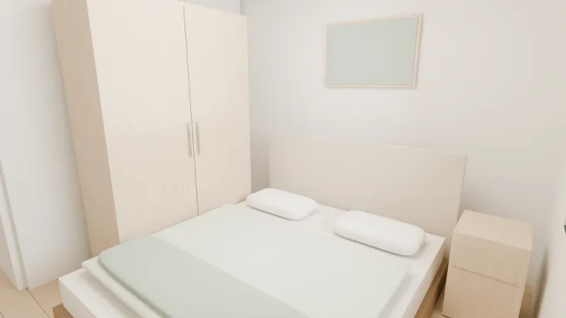 Rendered 640 bedroom with a double bed, wardrobe and bedside table