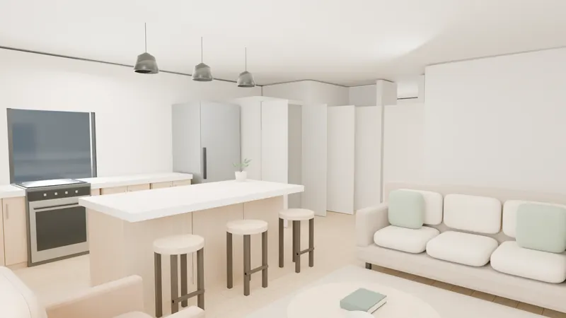 Rendered 640 kitchen and living area with an island, three stools and a sofa